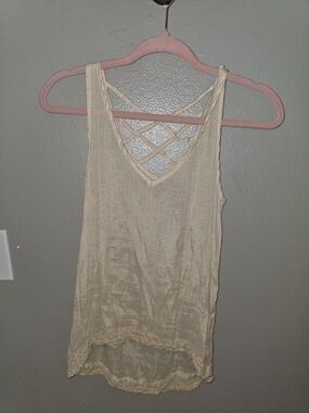 Eyeshadow Light Beige Crisscross Back Lace-Hem Tank Top